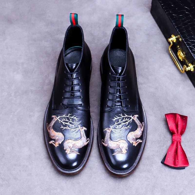 Men's Boots Soft Leather Cowhide Warm Short Tube Lace-up Men's Knitted Wear-resistant Genuine Leather Business British Leather Boots