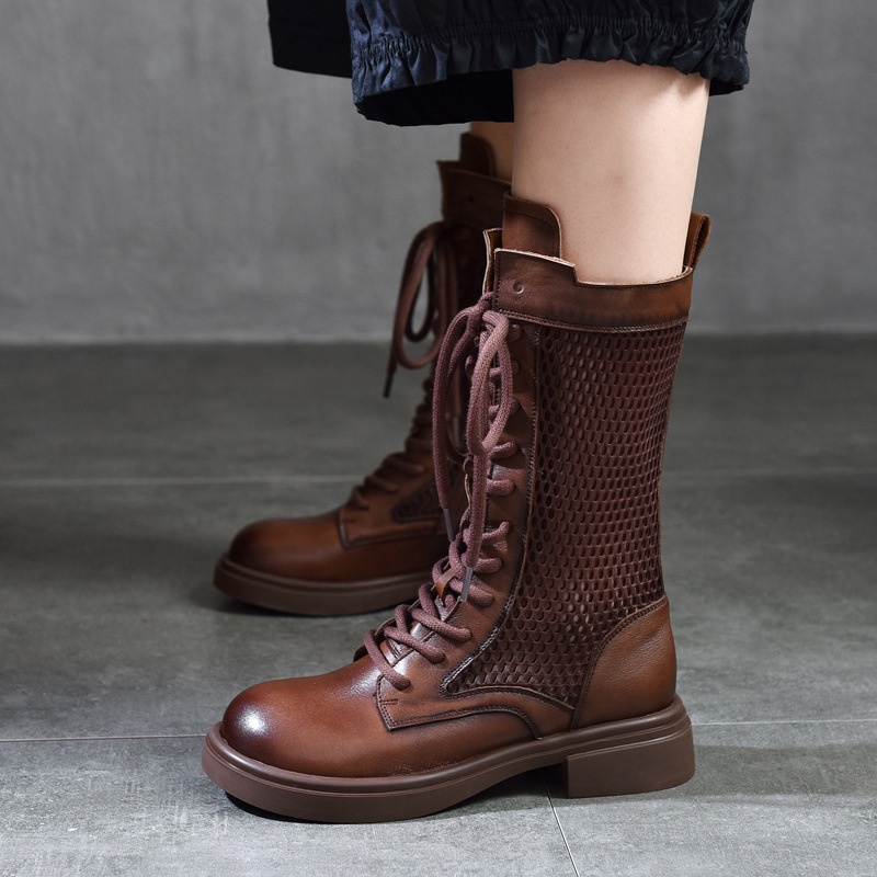 Summer Casual Mid-calf Boots For Women Thin Genuine Leather Mesh Breathable High Boots Versatile Sandals Skinny Mesh Boots Martin Boots For Women