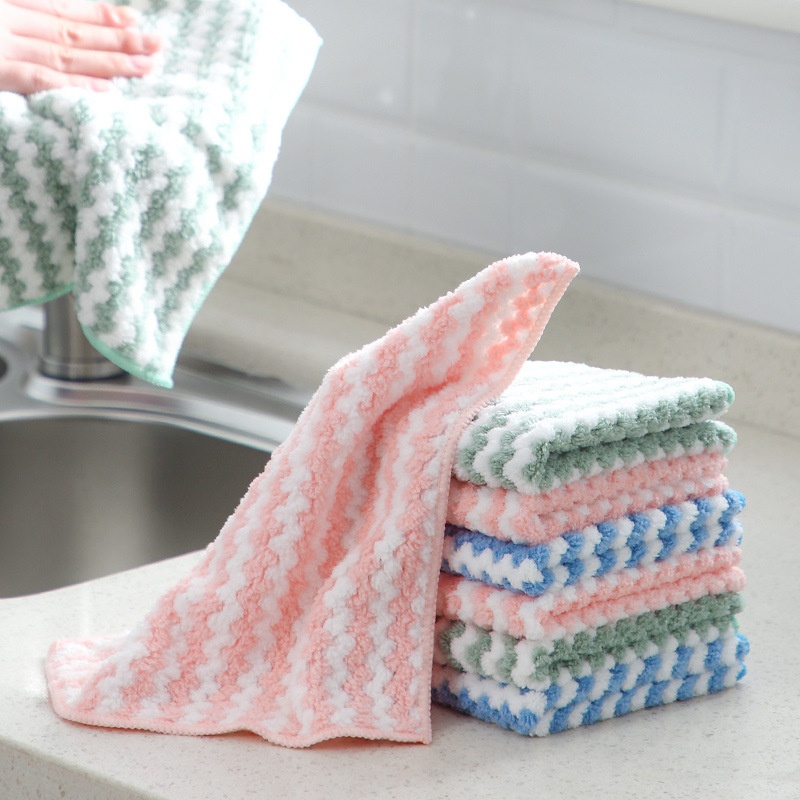 Striped Coral Fleece Dishwashing Towel Thickened Kitchen Cleaning Absorbent Rag Household Lazy Fish Scale Degreasing Dishwashing Cloth