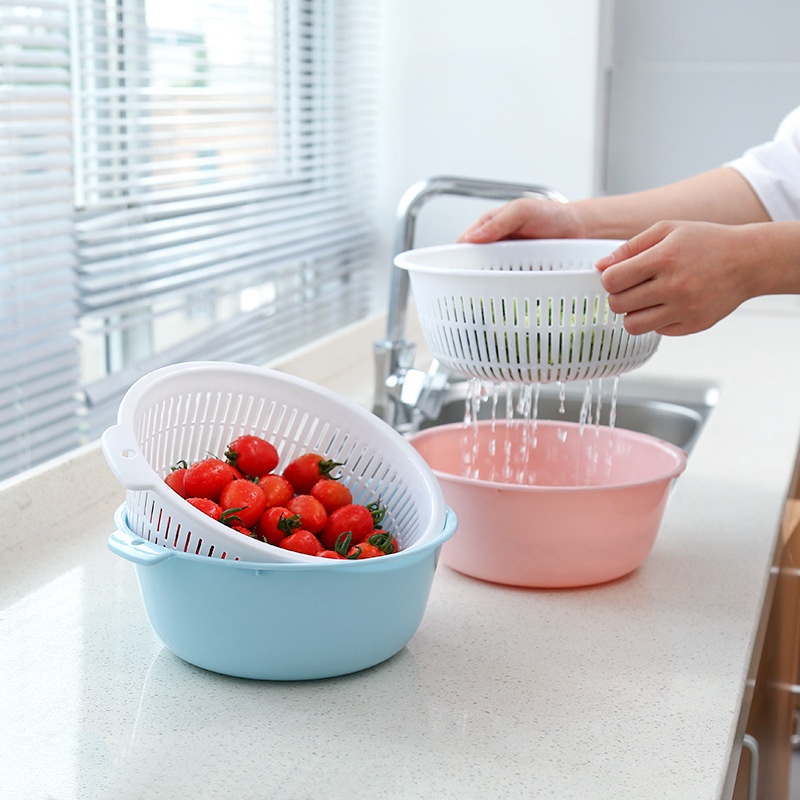 Double-layer Drain Basket Household Kitchen Washing Basin Thickened Fruit Basket Plastic Hollow Drain Rice Washing Fruit And Vegetable Washing Basin
