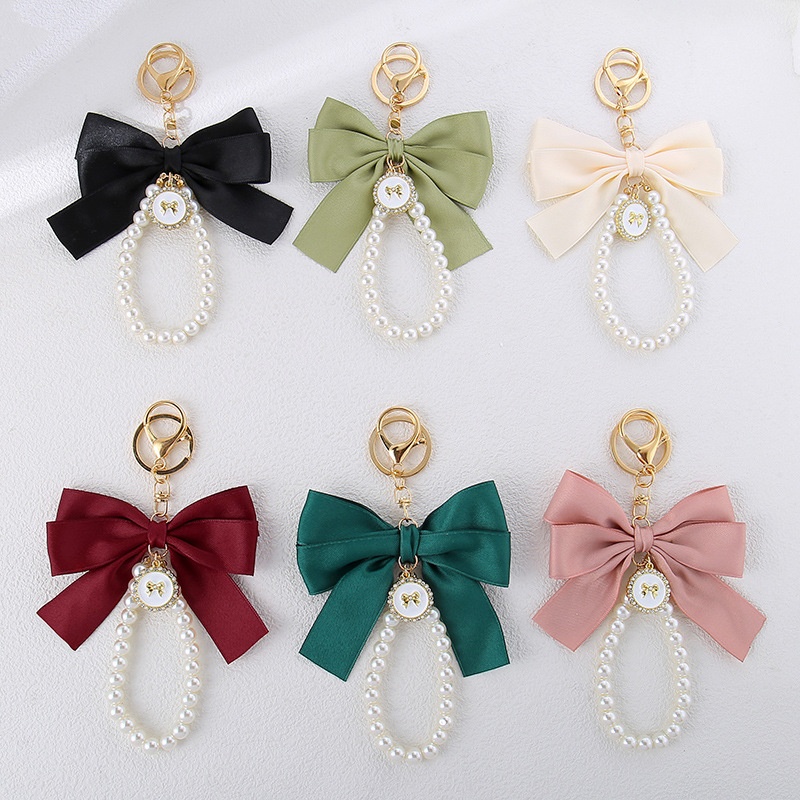 Large Pearl Bow Keychain Pendant Handmade Hair Accessories Ribbon Cloth Knot Accessories Earphone Bag Decoration