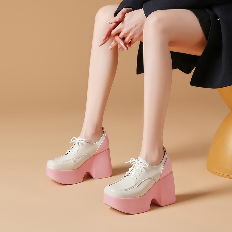 10cm High Heel Platform Shoes-Women's Genuine Leather Lace-Up Wedge Sole Dress Shoes