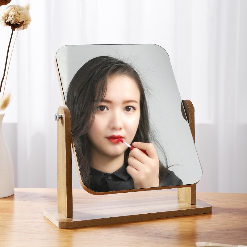 Wooden Desktop Makeup Mirror Simple Internet Celebrity Beauty Dormitory Desktop Beauty Mirror Portable Rotatable Single-sided Dressing Mirror