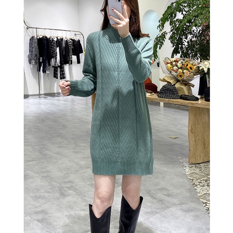 4 Thickened Wool High Collar Pullover Long Sleeves Mid-length Knitted Dress Sweater For Women