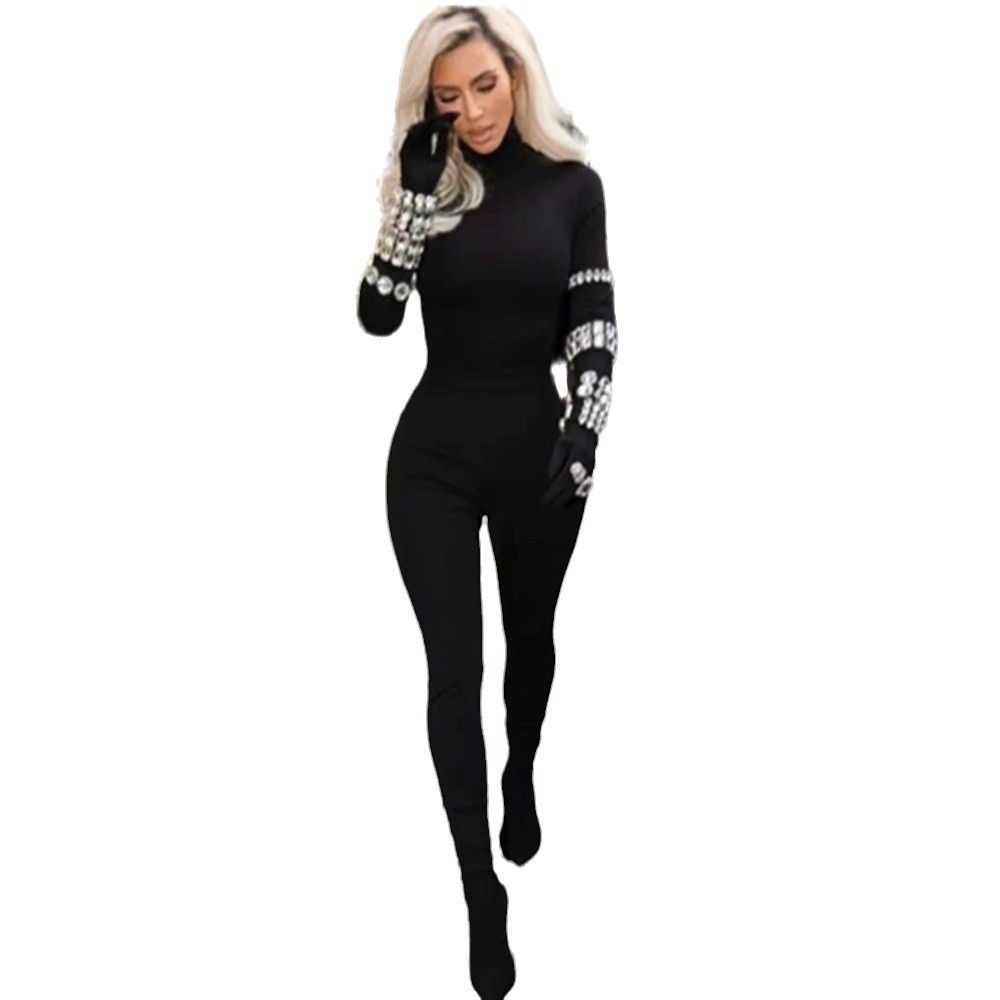 Bandage Bodysuit Fashion Rhinestone Long Sleeve Party Dress