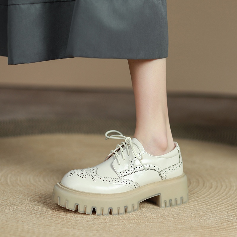 Round Toe Thick-soled Lace-up Small Leather Shoes For Women Autumn Genuine Leather Retro Carved Platform Bottom Beige Single Shoes For Women