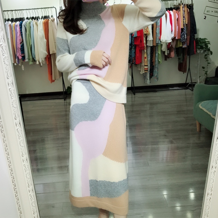 Cashmere Skirt Suit With Colorful Half-high Collar And Elastic Waist,Heavyweight Women's Clothing