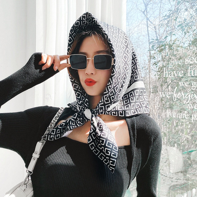 Summer Silk Scarf Imitation Silk Geometric Print Sunscreen Scarf Japanese And Korean Sweet Curling Scarf