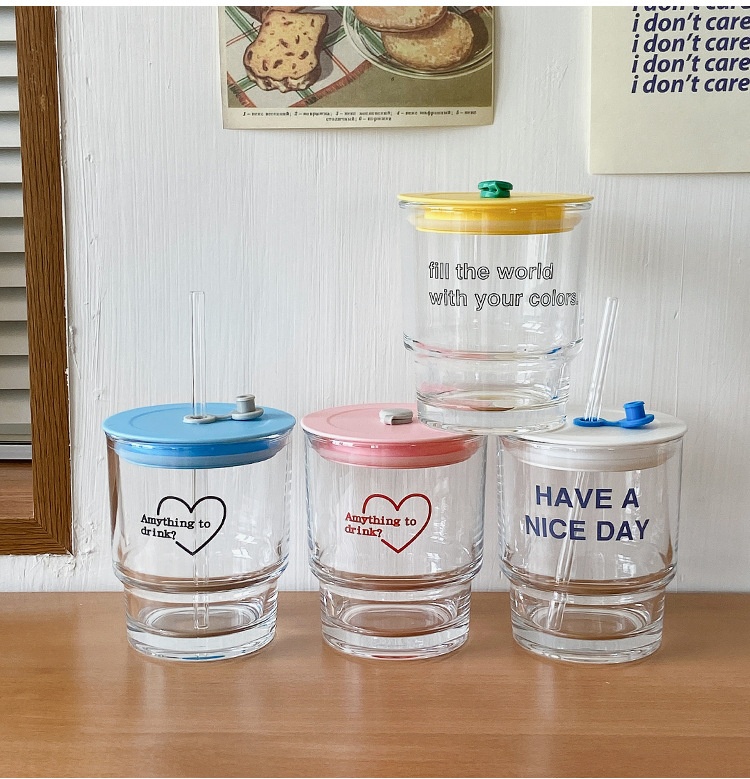 Style Glass Straw Cup Girl Heart Milk Tea Cup Student Drinking Water Cup With Lid And Straw Dormitory Milk Cup