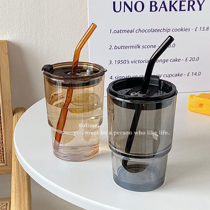 Bolimei Korean Style Brown Glass Straw Cup Student With Lid Water Cup Large Capacity Glass Cup