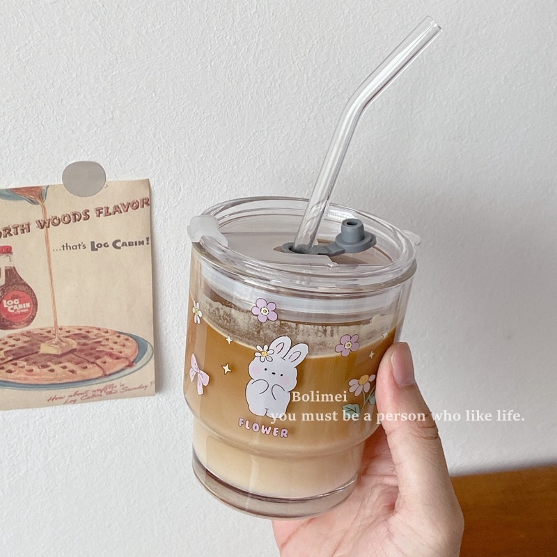 Bolimei Flower Rabbit Glass Straw Cup Girl Heart Glass Water Cup Milk Tea Cup Student Covered Cup