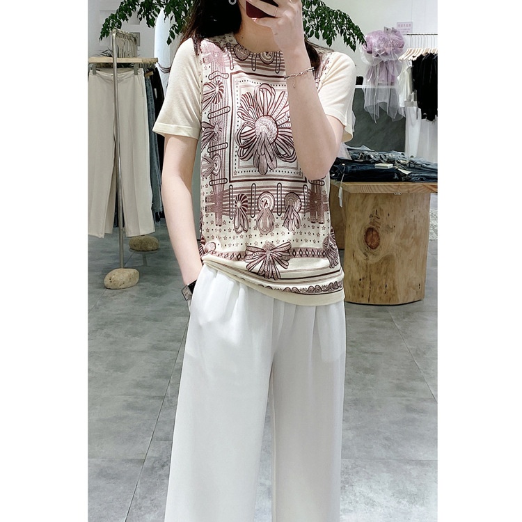 Worsted Cashmere Blended Round Neck Short Sleeve Pullover Printed Women's Tops Spring And Summer Knitted Sweater