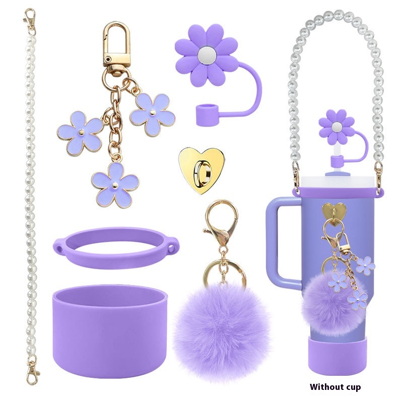 Silicone Cup Cover Stanley Water Cup Cover Portable Rope Flower Cup Chain Love Pendant Straw Hat Wool Ball Accessories