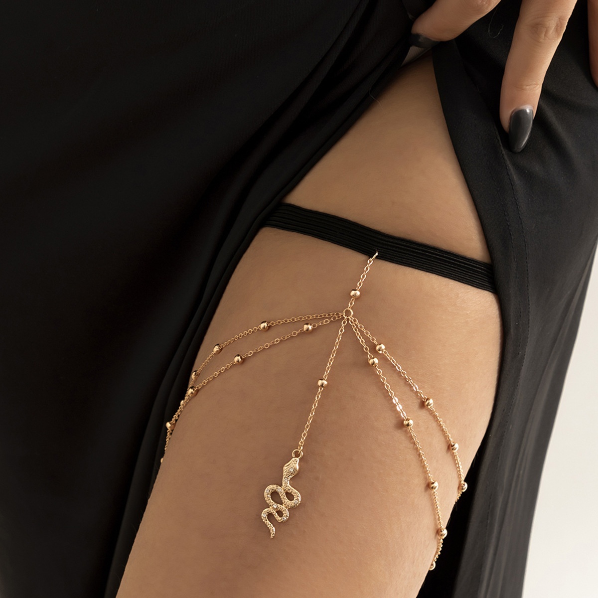 European And American Jewelry Metal Snake Pendant Tassel Thigh Chain Sexy Elastic Double Layer Round Bead Chain Body Chain