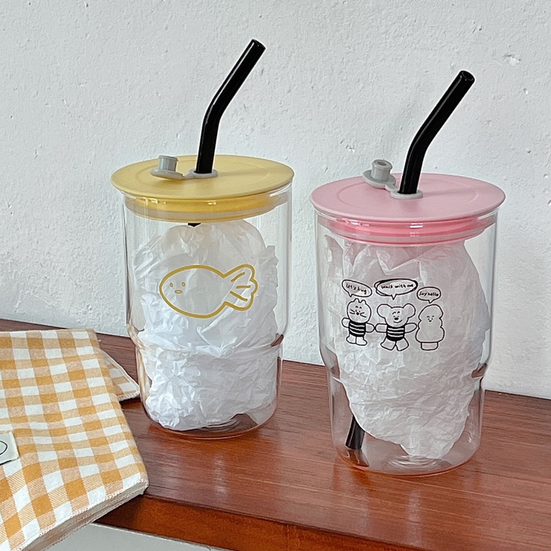 Bolimei Japanese And Korean Blogger Style High Borosilicate Glass Straw Cup Girl Heart Water Cup Student Drinking Water Cup