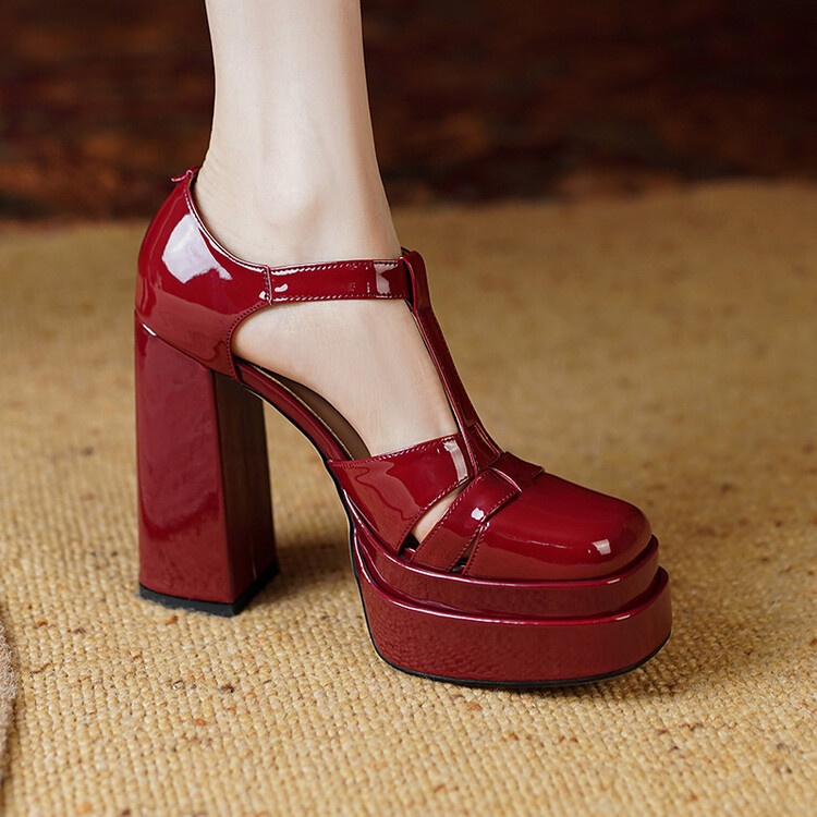 Temperament Waterproof Platform Toe Sandals Cowhide Thick Heels Retro Round Toe Thick Bottom Braided High Heels