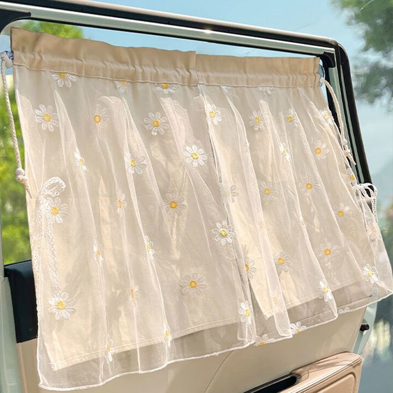 Car Sunshade Hanging Suction Cup Lace Daisy Multifunctional Sun Protection Heatulation Car Double Layer Blackout Curtain