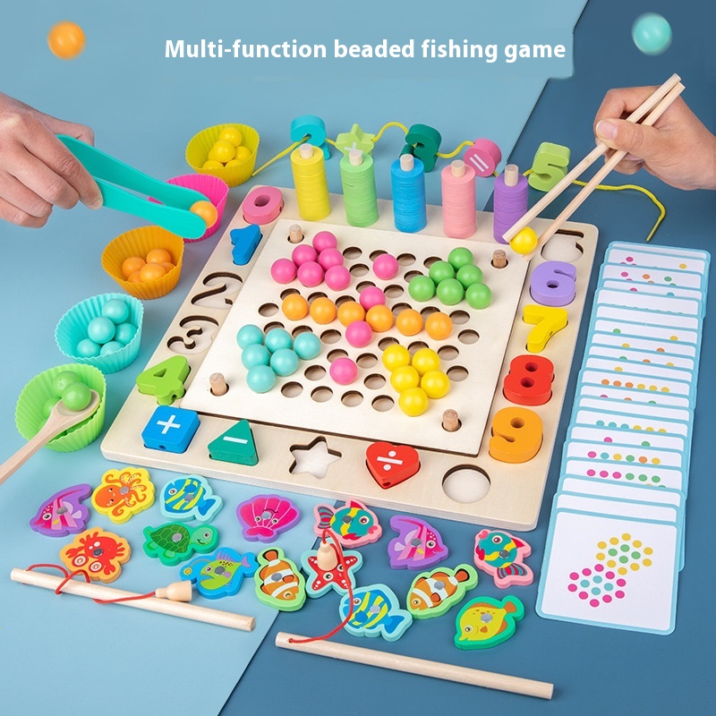 Wooden Multifunctional Beaded Fishing Puzzle Game Beaded Toys For Young Children To Learn Digital Calculations And Hand-eye Learning