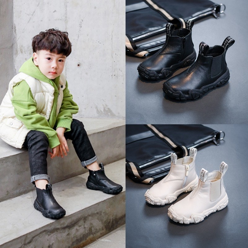 Boys Martin Boots Autumn And Winter Cowhide Children's Short Boots Plus Velvet And Cotton Baby Snow Cotton Boots Girls