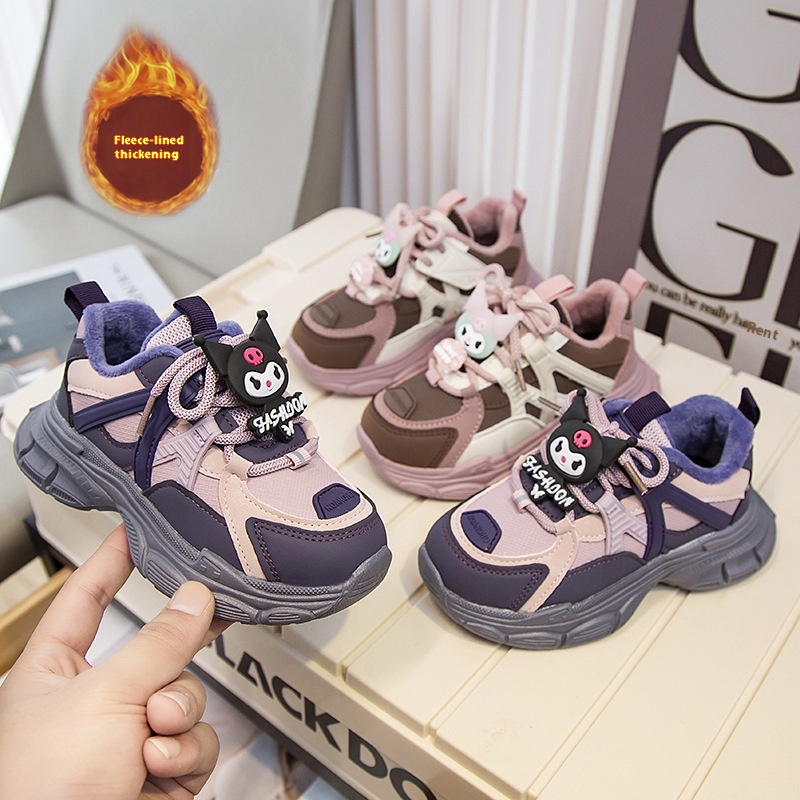 Girls'Sports Shoes Winter Children's Kuromi Plus Velvet Warm Cotton Shoes For Middle And Large Children's Dad Shoes