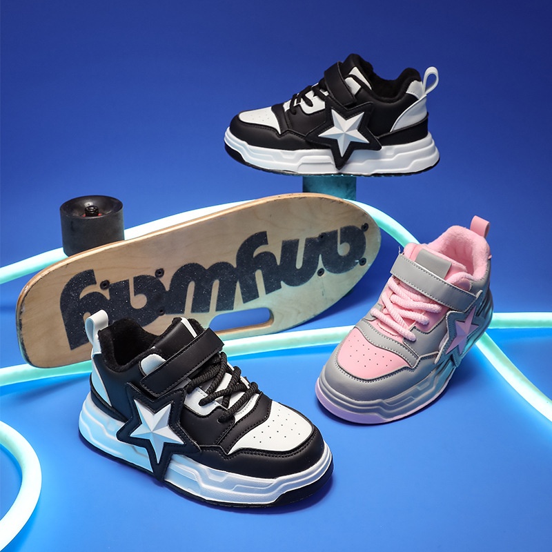 Nobechichi Winter Velvet Boys Leather Sports Shoesy Brand Girls Five-pointed Star Sneakers One Piece Dropshipping