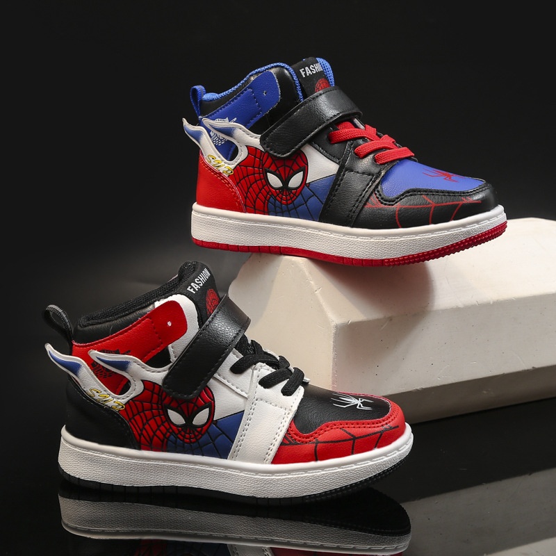 Children's Sneakers Contrast Color AJBoys Leather Casual Shoes Mid-cut Velcro Cartoon Color Matching Children's Non-slip Basketball Shoes