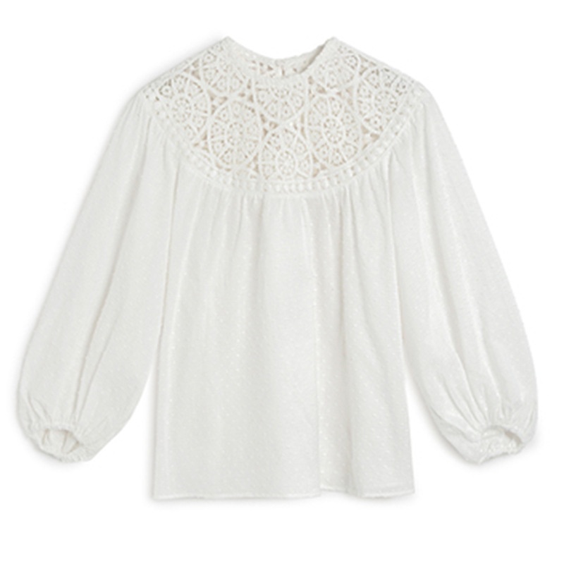 French Single MHome Spring And Summer Hook Flower Hollow Lace Shirt Female Loose Cotton Round Neck Three-quarter Sleeve Top