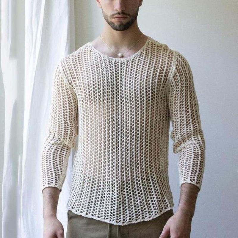 Loose Casual Hollow Knit Sweater For Men,On Europe And America,Solid Color Slim T-shirt,Large Size Pullover Top