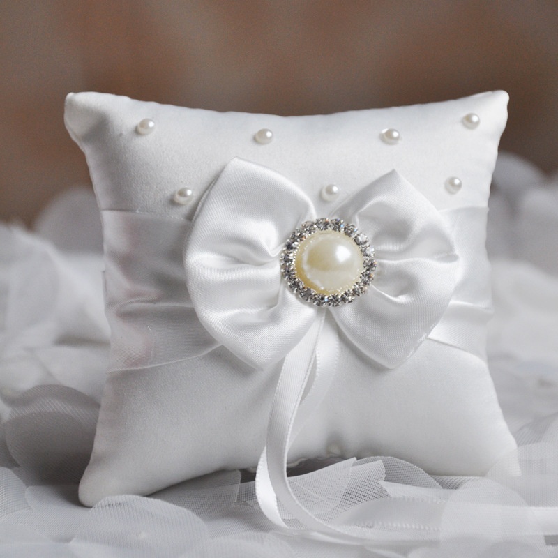 With Design Satin Knot Pearl Rhinestone Ring Pillow Bridal Ring Pillow Wedding Supplies