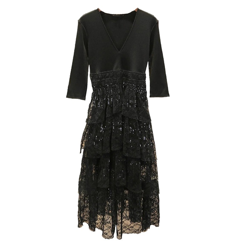 French Single MHouse Autumn And Winter Sequined Long Dress V-neck Sexy Three-quarter Sleeves See-through Annual Meeting Little Black Dress