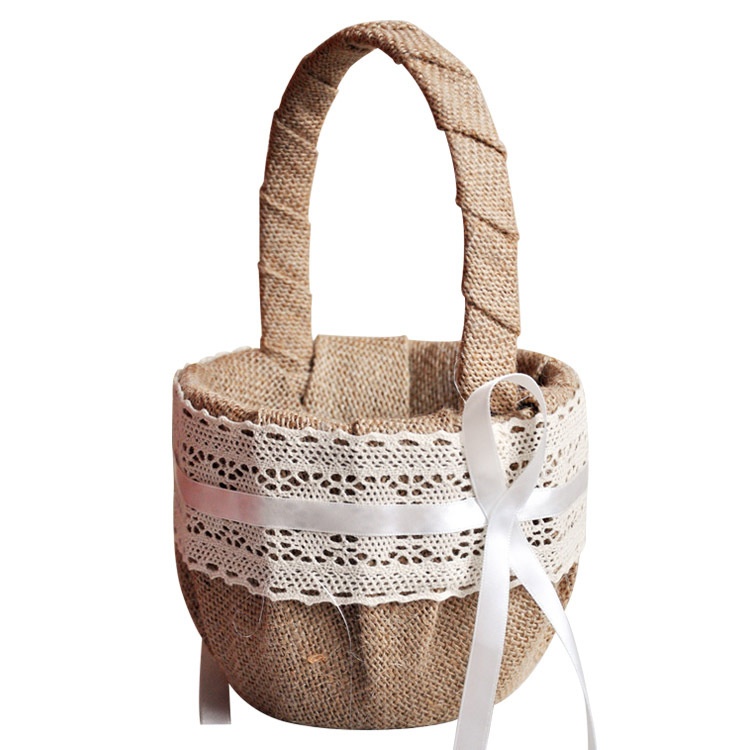 Linen Lace Flower Girl Flower Basket Single Flower Knot Jute Color Bride Flower Basket European And American Wedding Flowers