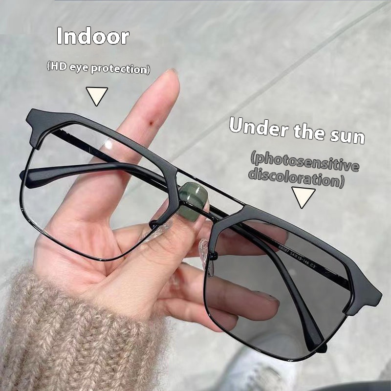Photochromic Myopia Glasses For Men,Blue Light Protection,UVProtection,Handsome Double Beam Plain Glasses Frame For Women,