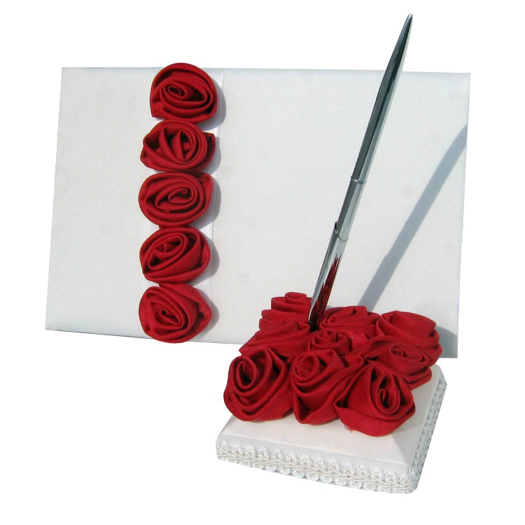 Foreign Trade Wedding Satin Flower Sign-in Set Western Sign-in Book+Pen Holder Wedding Supplies