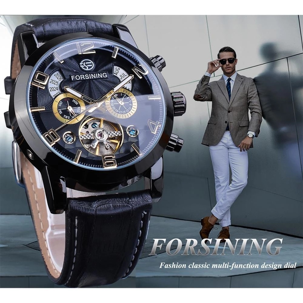 Forsining Tourbillon Men's Automatic Mechanical Watch-Year,Month,And Date Display Wristwatch