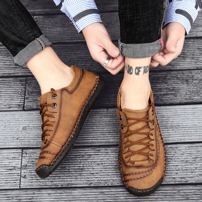 Summer Casual Men's Shoesy Korean Version Large Size Men's Shoes Lace-up Fashion Outdoor Lazy Shoes Men's Leather Shoes Men