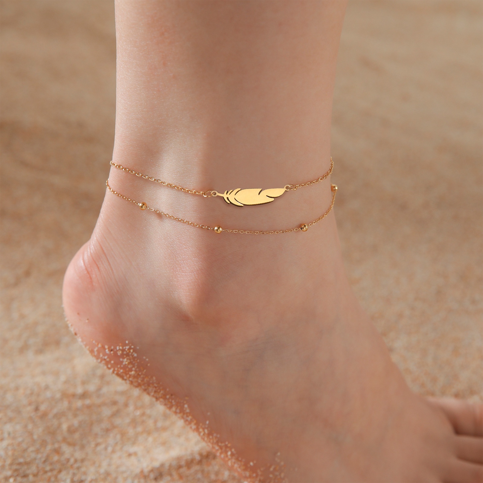 Feather Stainless Steel Double-Layer Beaded Anklet–AFashionable Stainless Steel Foot Accessory For The Beach.