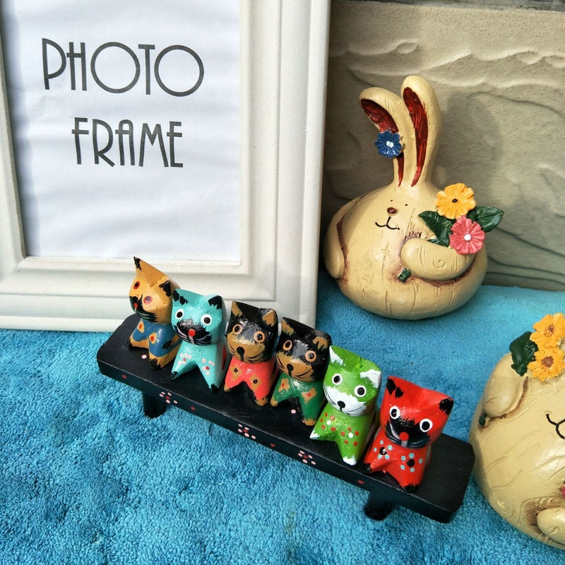 European Style Sundries Home Decoration Wooden Home Decoration Log Hand-painted Wood Carving Combination Set Six Kitten Birthday Gift