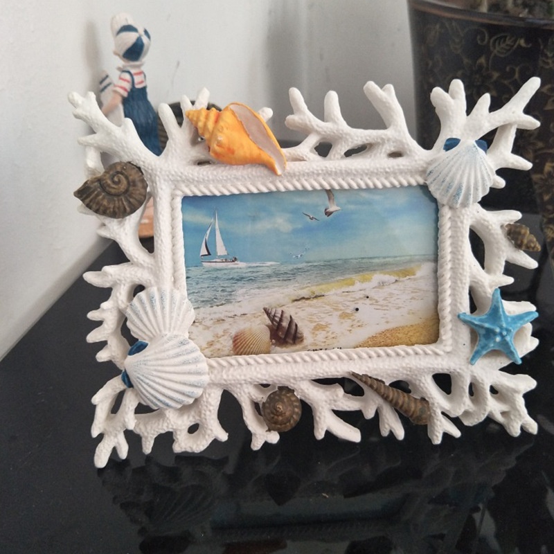 Creative Mediterranean Resin Old Photo Frame Desktop Ornaments6-inch Coral Ocean Table Photo Frame Hand-painted