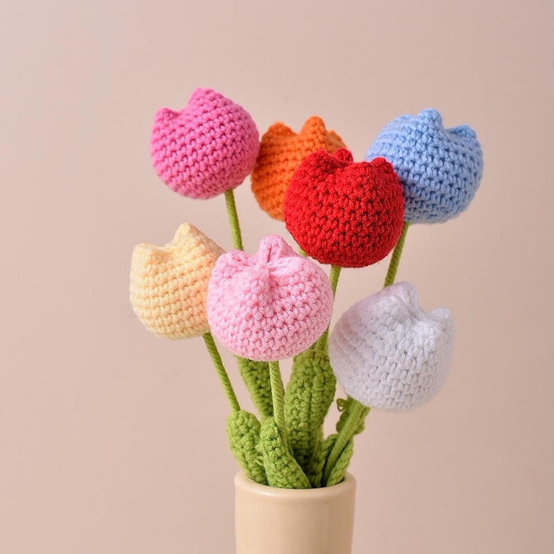 Finished Handmade Crochet Tulip Artificial Flower Simulation Flower Lotus Dutch Flower