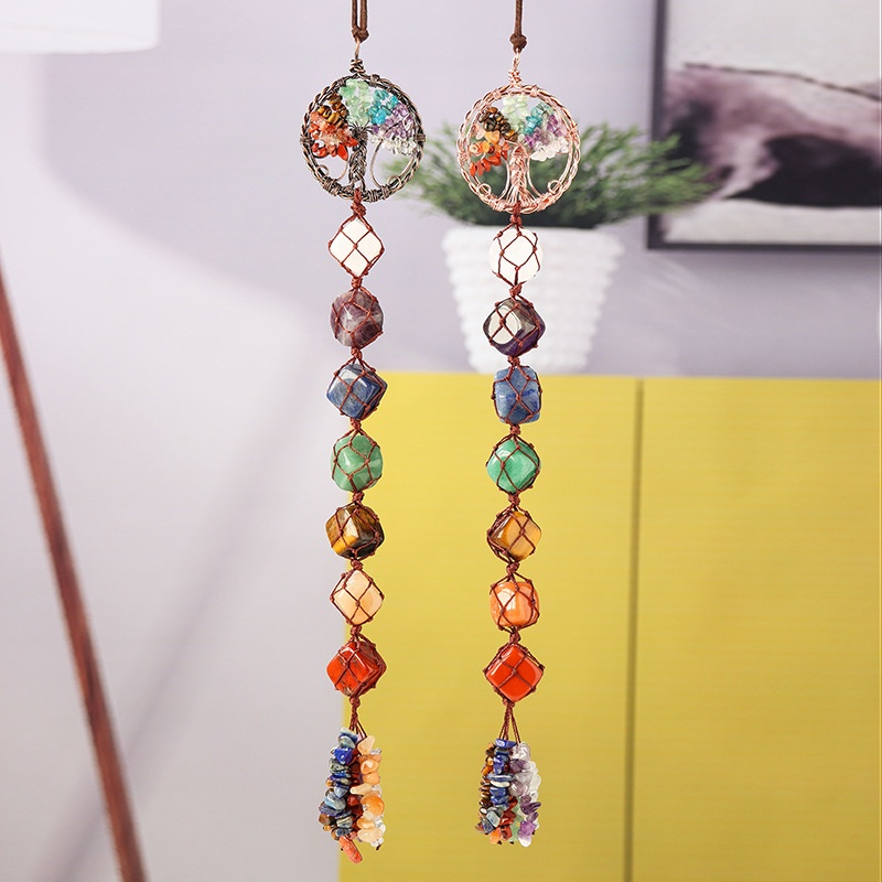 Natural Crystal Gravel Tree Of Life Seven-color Crystal Raw Stone Car Hanging Hand-woven Net Bag Pendant Decoration