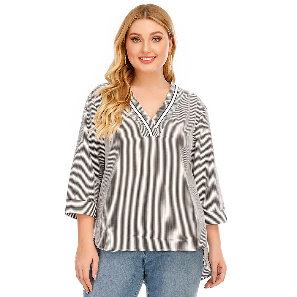 Summer European And American Women's Large Size V-neck Three-quarter Sleeve Swallowtail Striped Splicing Casual T-shirt