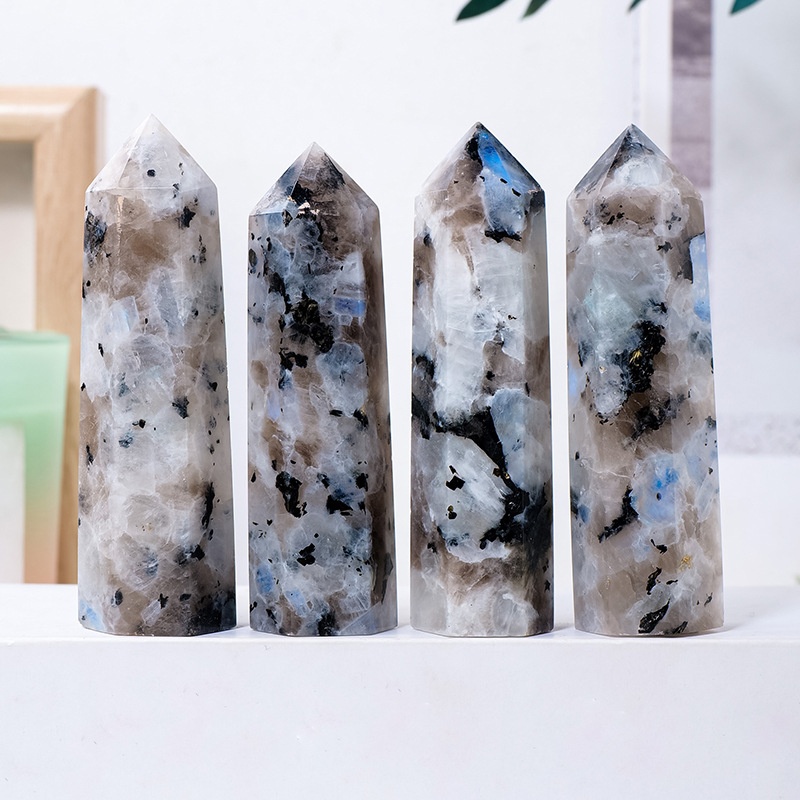Natural Crystal Moonstone Hexagonal Black And Gray Moonstone Rough Stone Polished Single Pointed Column Labradorite Crystal Column