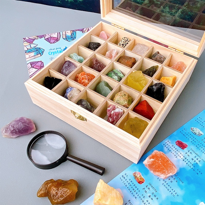 Natural Crystal Raw Stone Ore Specimen Box Jade Agate Stone Children's Science Collection Holiday Gift Ornaments