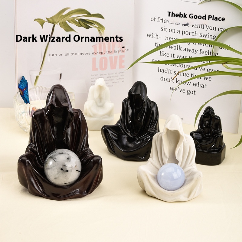 Natural Obsidian Dark Wizard Carving Crystal Ball Original Stone Base Creative Decoration Ornaments