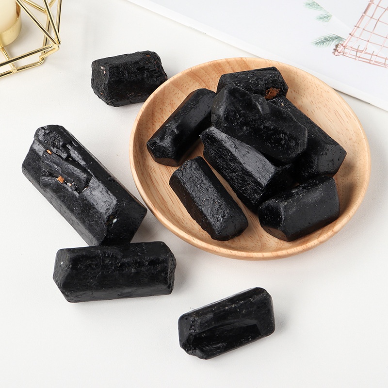Crystal Black Tourmaline Cylindrical Ornaments Geometric Black Tourmaline Rough Stone Gemstone Mine Decorative Ornaments