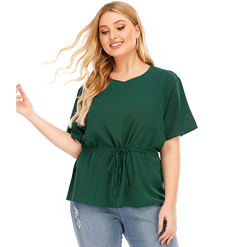 Summer European And American Women's Large Size V-neck Lace-up Short Sleeve Solid Color Casual T-shirt