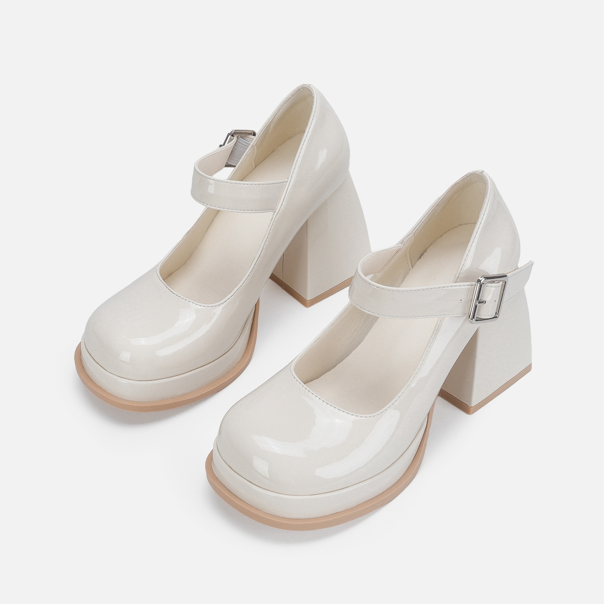 High Heels Women's Thick Heels Beige Mary Jane Shoes Thick Sole Waterproof Platform Round Toe One-strap Japanese JKLolita Small Leather Shoes