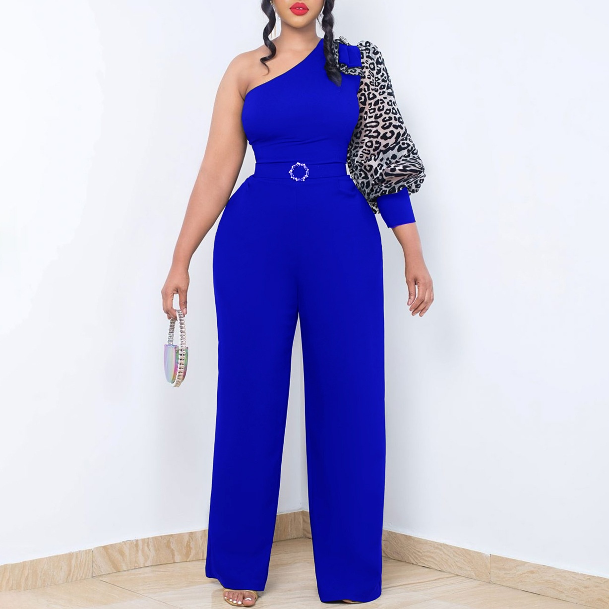 D405 PWith Belt Independent Station Foreign Trade Women's Clothing Oblique Shoulder Sexy Waist Temperament Wide Leg Large Size European And American Jumpsuit
