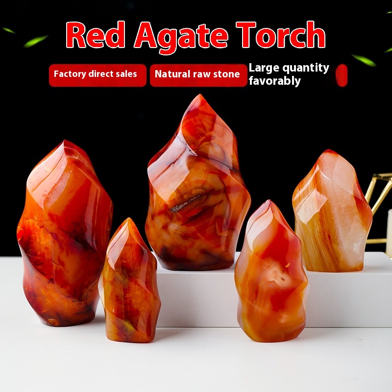 Natural Red Agate Torch Carving Agate Raw Stone Ore Specimen European And American Halloween Home Decoration Ornaments