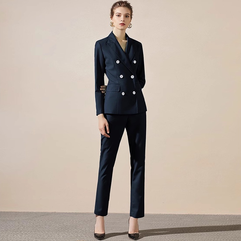 Fashion Spring And Autumn Navy Blue Double-breasted Business Wear Women's Pants Suit College Students Interview Dress Work Clothes OL